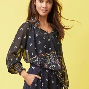 CAbi Enjoy Blouse #5784 Medium Women Navy Multicolor Sheer Tassel Spring 2020